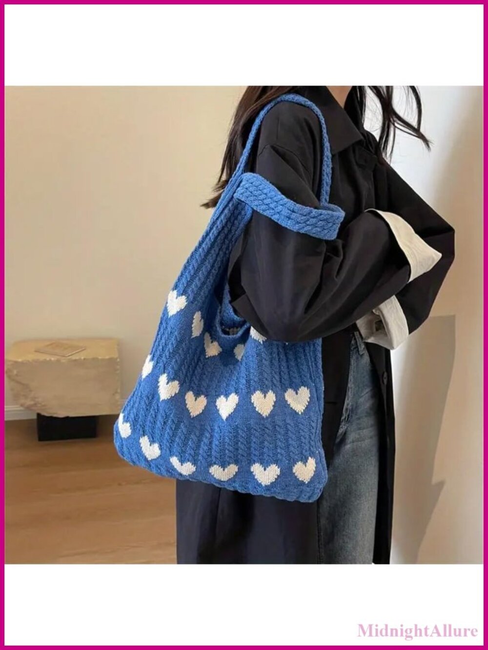 Crochet Knit Tote Bag with Heart Design, Polyester Shoulder Bag, Foldable